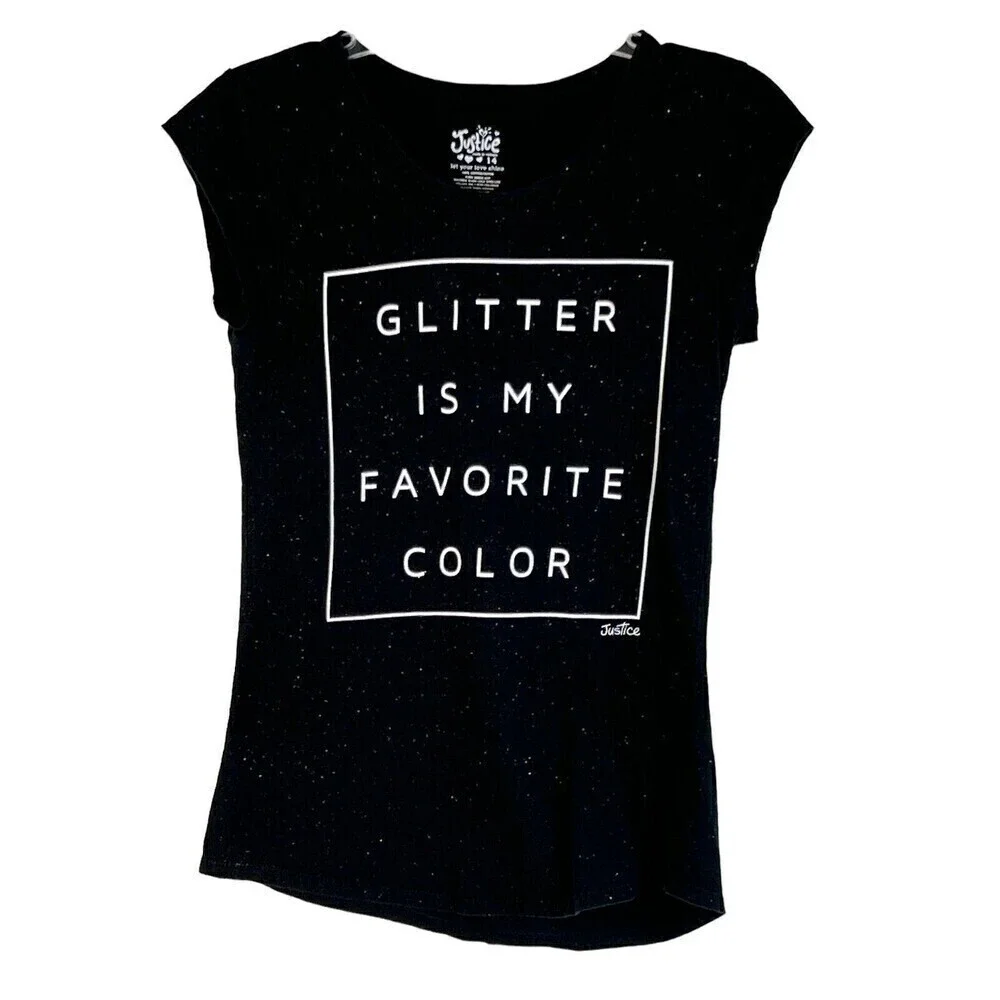 Justice Girls Glitter is My Favorite Color Tee Shirt Size 14 Multi-Glitter Black